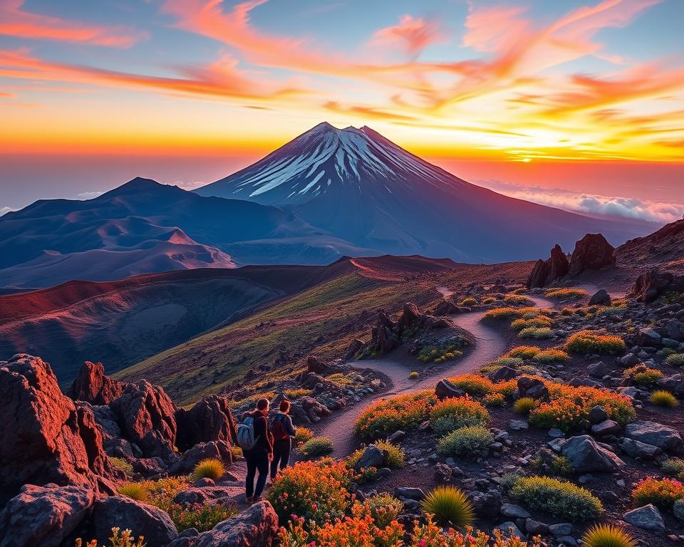 A stunning photo spot at Teide National Park, showcasing the majestic Mount Teide in the background, bathed in the warm glow of the setting sun. In the foreground, vibrant volcanic rock formations dot the landscape, and delicate wildflowers add a splash of color. In the middle ground, a winding trail invites hikers, possibly in modest casual clothing, capturing the essence of adventure. The sky above is a breathtaking gradient of orange and pink, with wispy clouds briefly illuminated by the sun's rays. The atmosphere is tranquil yet awe-inspiring, perfect for nature lovers and photographers alike. Capture with a wide-angle lens for depth and a slight tilt to emphasize the towering mountain. No text or watermarks included.