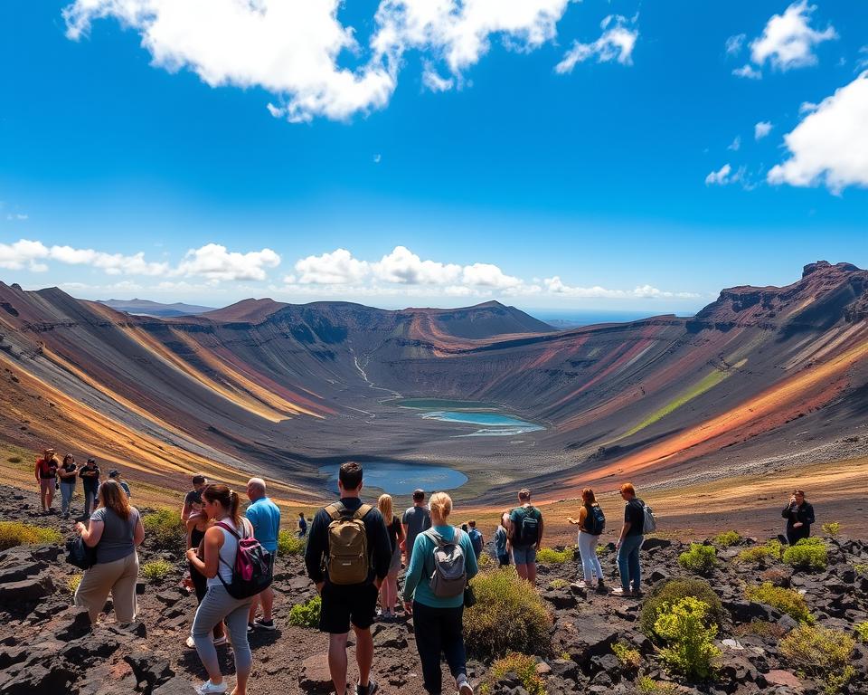 A stunning view of the Caldera de los Cuervos in Lanzarote, showcasing vibrant volcanic landscapes with rich textures and colors. In the foreground, a diverse group of eco-tourists in modest casual clothing are exploring the unique terrain, examining volcanic rock formations and native plant life. The middle ground features the expansive caldera, with its dark, rugged slopes contrasting against patches of green vegetation. The background reveals a clear blue sky, accented by scattered clouds that create a serene atmosphere. Warm sunlight bathes the scene, casting soft shadows and enhancing the vivid colors of the landscape. The composition emphasizes a sense of adventure and respect for the environment, inviting viewers to appreciate the beauty of sustainable travel in Lanzarote's volcanic region. A stunning view of the Caldera de los Cuervos in Lanzarote, showcasing vibrant volcanic landscapes with rich textures and colors. In the foreground, a diverse group of eco-tourists in modest casual clothing are exploring the unique terrain, examining volcanic rock formations and native plant life. The middle ground features the expansive caldera, with its dark, rugged slopes contrasting against patches of green vegetation. The background reveals a clear blue sky, accented by scattered clouds that create a serene atmosphere. Warm sunlight bathes the scene, casting soft shadows and enhancing the vivid colors of the landscape. The composition emphasizes a sense of adventure and respect for the environment, inviting viewers to appreciate the beauty of sustainable travel in Lanzarote's volcanic region.