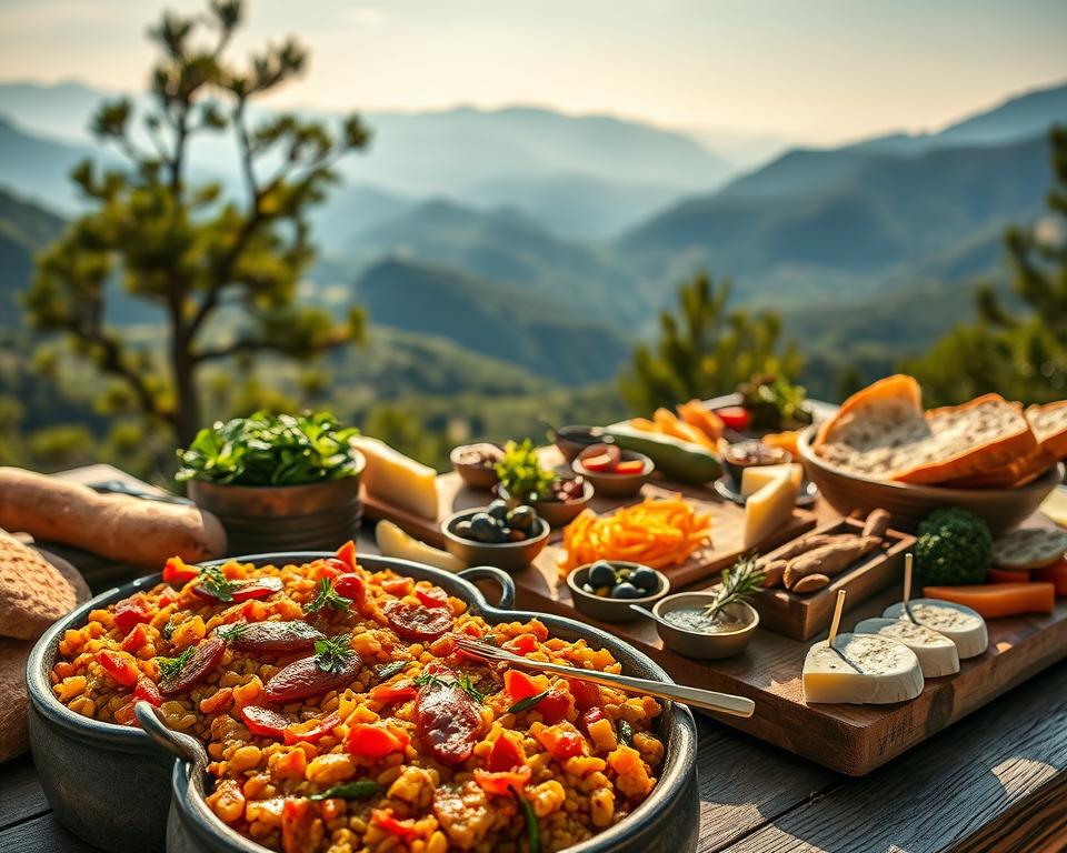 A vibrant display of regional culinary specialties from the area surrounding Pico Europa National Park, featuring an array of traditional dishes artfully arranged on a rustic wooden table. In the foreground, showcase a colorful paella, garnished with fresh herbs, alongside artisanal bread and a selection of local cheeses. The middle layer includes small bowls of tapas, such as marinated olives and chorizo, adding variety and texture. In the background, gently blurred mountains and valleys of the national park offer a stunning natural backdrop, with soft sunlight filtering through the trees, casting dappled shadows on the feast. Create an inviting atmosphere, evoking a sense of warmth and local flavor, with a camera angle that captures both the food and the breathtaking landscape. A vibrant display of regional culinary specialties from the area surrounding Pico Europa National Park, featuring an array of traditional dishes artfully arranged on a rustic wooden table. In the foreground, showcase a colorful paella, garnished with fresh herbs, alongside artisanal bread and a selection of local cheeses. The middle layer includes small bowls of tapas, such as marinated olives and chorizo, adding variety and texture. In the background, gently blurred mountains and valleys of the national park offer a stunning natural backdrop, with soft sunlight filtering through the trees, casting dappled shadows on the feast. Create an inviting atmosphere, evoking a sense of warmth and local flavor, with a camera angle that captures both the food and the breathtaking landscape.