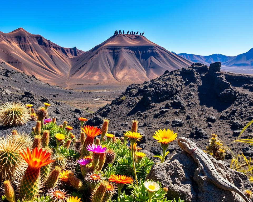 A vibrant representation of the unique flora and fauna found in Lanzarote, showcasing the distinctive volcanic landscape of the Caldera de los Cuervos. In the foreground, depict native plants like spiky cacti and colorful wildflowers, with a lizard sunbathing on a rock. In the middle ground, capture a small flock of native birds perched on a rugged volcanic formation, enhancing the sense of life in this arid environment. The background should feature the dramatic, craggy hills of the caldera under a bright blue sky, with sunlight casting soft shadows. Use natural lighting to emphasize the textures of the volcanic rock and the brilliance of the flora, creating a warm, inviting atmosphere that reflects the serene beauty of this unique ecosystem. A vibrant representation of the unique flora and fauna found in Lanzarote, showcasing the distinctive volcanic landscape of the Caldera de los Cuervos. In the foreground, depict native plants like spiky cacti and colorful wildflowers, with a lizard sunbathing on a rock. In the middle ground, capture a small flock of native birds perched on a rugged volcanic formation, enhancing the sense of life in this arid environment. The background should feature the dramatic, craggy hills of the caldera under a bright blue sky, with sunlight casting soft shadows. Use natural lighting to emphasize the textures of the volcanic rock and the brilliance of the flora, creating a warm, inviting atmosphere that reflects the serene beauty of this unique ecosystem.