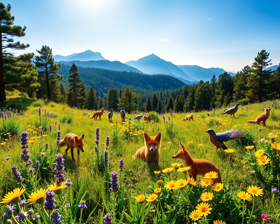 A vibrant scene depicting the diverse flora and fauna of Pico Europa Nationalpark in Spain, showcasing a lush green landscape in the foreground filled with colorful wildflowers like lavender and yellow daisies. Small animals such as foxes and various birds are subtly integrated into the scene, representing the park's rich wildlife. The middle ground features dense forests of pine and oak trees, while the background reveals majestic mountains under a clear blue sky, radiating warm sunlight. The atmosphere is serene and invigorating, evoking a sense of tranquility and connection with nature. The image is captured from a slightly elevated angle, giving a panoramic view of the park's stunning biodiversity. A vibrant scene depicting the diverse flora and fauna of Pico Europa Nationalpark in Spain, showcasing a lush green landscape in the foreground filled with colorful wildflowers like lavender and yellow daisies. Small animals such as foxes and various birds are subtly integrated into the scene, representing the park's rich wildlife. The middle ground features dense forests of pine and oak trees, while the background reveals majestic mountains under a clear blue sky, radiating warm sunlight. The atmosphere is serene and invigorating, evoking a sense of tranquility and connection with nature. The image is captured from a slightly elevated angle, giving a panoramic view of the park's stunning biodiversity.