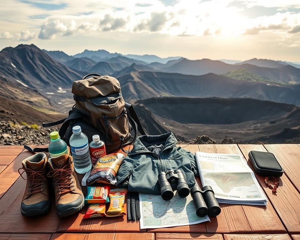 A well-organized packing list for a volcanic hiking trip, depicted on a wooden surface. In the foreground, items include sturdy hiking boots, a durable backpack, water bottles, snack bars, and a detailed map of Caldera de los Cuervos. In the middle, a lightweight rain jacket and a pair of binoculars are neatly arranged, showcasing essential equipment. The background features a stunning volcanic landscape with rugged, blackened rock formations and a hint of lush greenery, under a bright, sunny sky with soft clouds. The scene is illuminated with warm, natural light, creating an adventurous and inviting atmosphere. The composition captures the essence of preparation for an exciting outdoor exploration. A well-organized packing list for a volcanic hiking trip, depicted on a wooden surface. In the foreground, items include sturdy hiking boots, a durable backpack, water bottles, snack bars, and a detailed map of Caldera de los Cuervos. In the middle, a lightweight rain jacket and a pair of binoculars are neatly arranged, showcasing essential equipment. The background features a stunning volcanic landscape with rugged, blackened rock formations and a hint of lush greenery, under a bright, sunny sky with soft clouds. The scene is illuminated with warm, natural light, creating an adventurous and inviting atmosphere. The composition captures the essence of preparation for an exciting outdoor exploration.