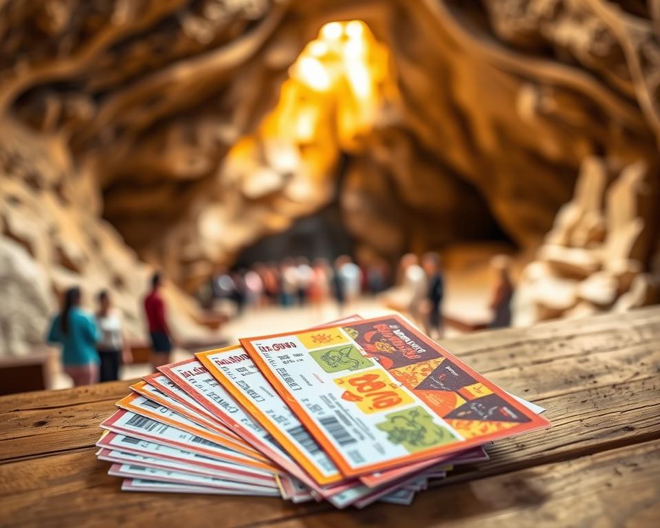 An inviting scene showcasing a stack of colorful tickets for the Cueva Nerja, placed on a rustic wooden table. In the foreground, the tickets are fanned out, revealing intricate designs that hint at the cave's natural beauty. The middle ground captures a blurred glimpse of visitors exploring the mouth of the caves, with soft, golden light filtering through the stone formations. In the background, jagged and majestic cave walls create a sense of wonder and adventure. A warm, vibrant atmosphere envelops the scene, conveying excitement and anticipation for the journey ahead. The composition is balanced, with a slight depth of field to emphasize the tickets in focus while the cave's stunning features provide a captivating backdrop.