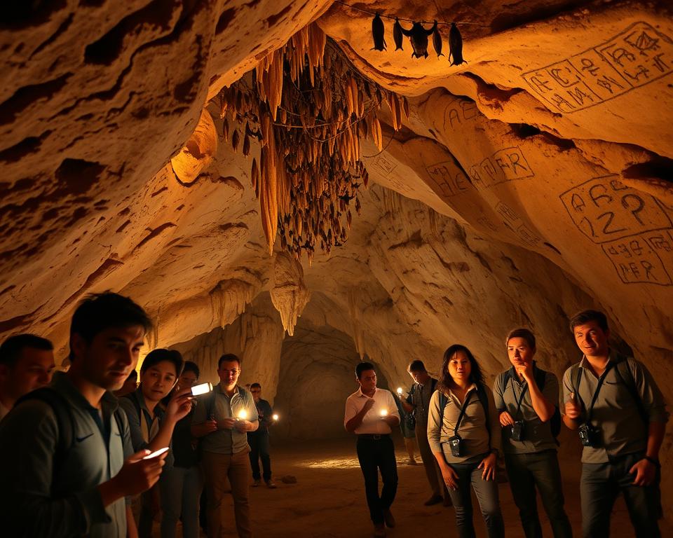 In the foreground, a group of archaeologists in modest casual clothing, equipped with flashlights, are cautiously exploring the entrance of the Nerja Cave, their faces illuminated by warm, golden light. In the middle ground, the vast cave reveals intricate stalactites and stalagmites, with a colony of bats hanging from the ceiling, adding a sense of wonder and discovery. The background features rocky walls adorned with ancient markings, hinting at a rich history. The atmosphere is mysterious yet inviting, with soft, diffused light filtering in from the cave entrance, casting gentle shadows. The scene is shot from a low angle to emphasize the cave's grandeur and evoke a sense of awe and intrigue about this significant historical discovery.