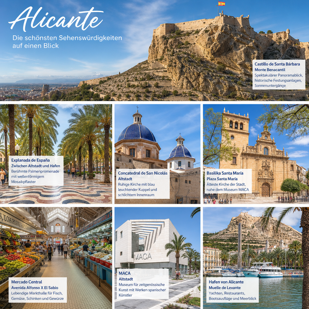 Die schönsten Sehenswürdigkeiten in Alicante auf einen Blick: passendes Reisemotiv und touristischer Eindruck