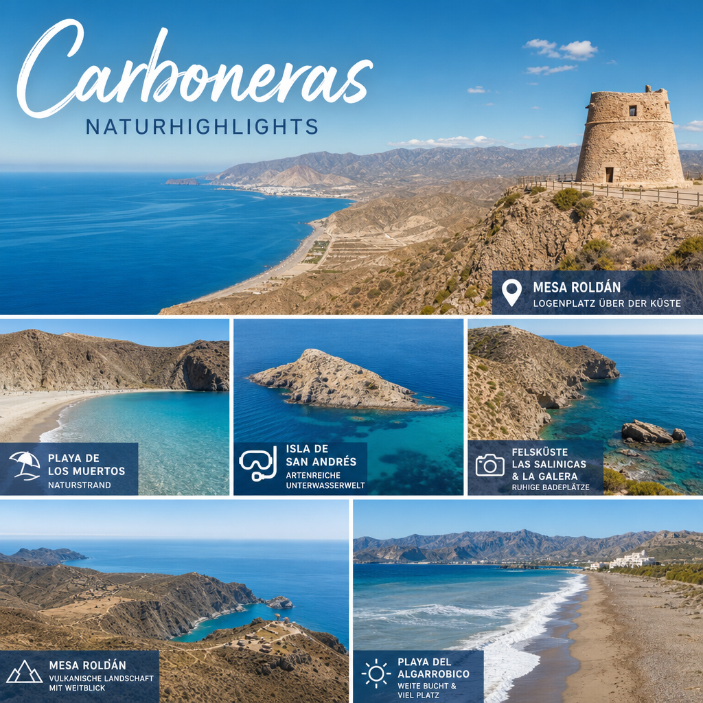Naturhighlights in Carboneras zwischen Felsbuchten und Panoramabergen: passendes Reisemotiv und touristischer Eindruck