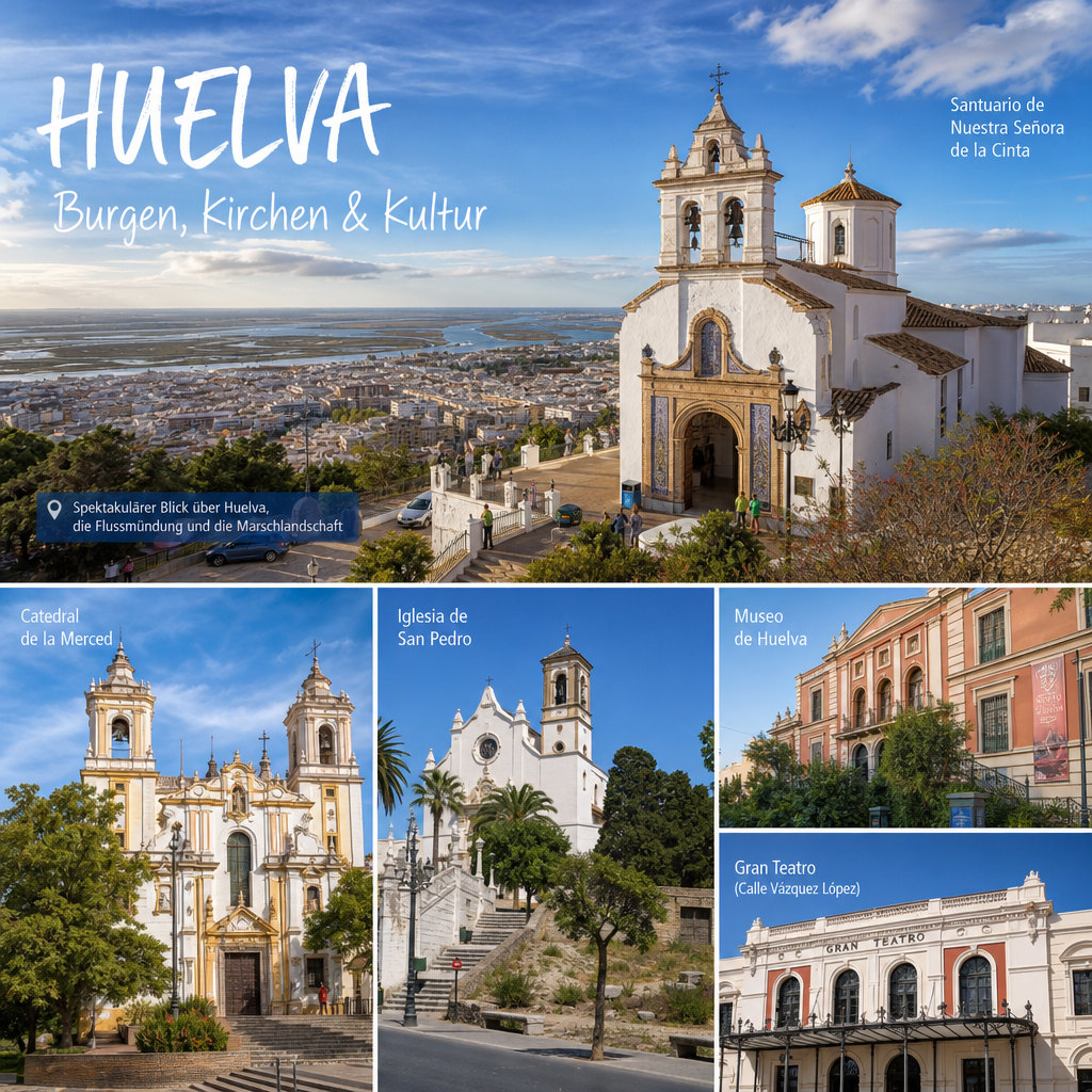 Burgen, Kirchen und Kulturorte in Huelva: passendes Reisemotiv und touristischer Eindruck