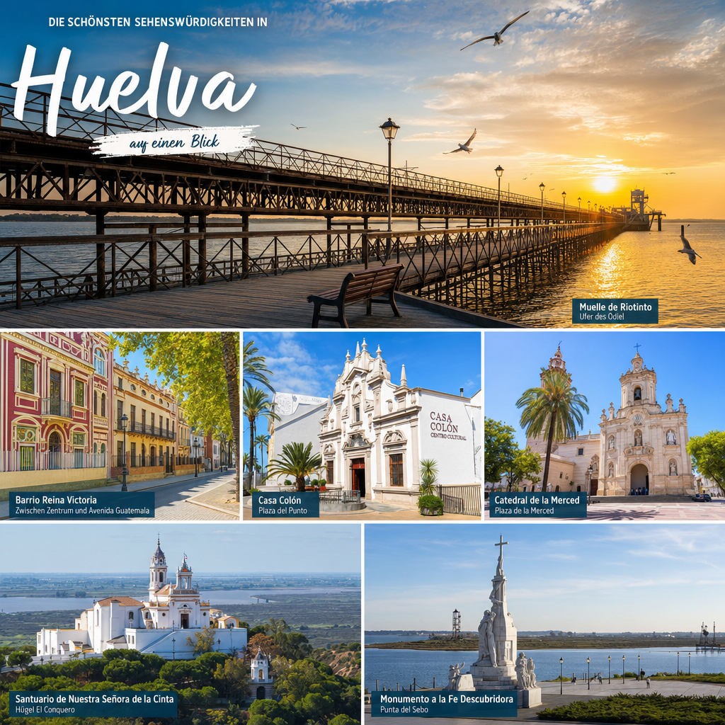 Die schönsten Sehenswürdigkeiten in Huelva auf einen Blick: passendes Reisemotiv und touristischer Eindruck