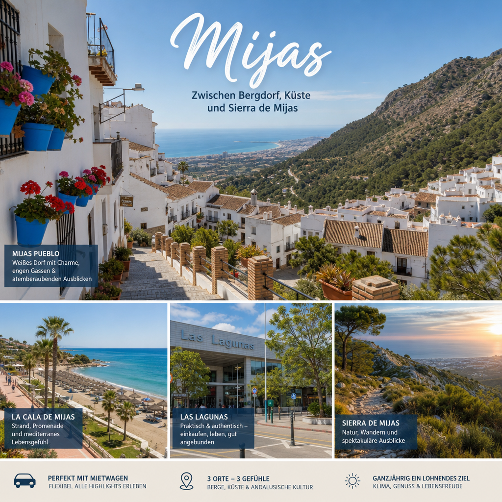 Mijas zwischen Bergdorf, Küste und Sierra de Mijas: passendes Reisemotiv und touristischer Eindruck