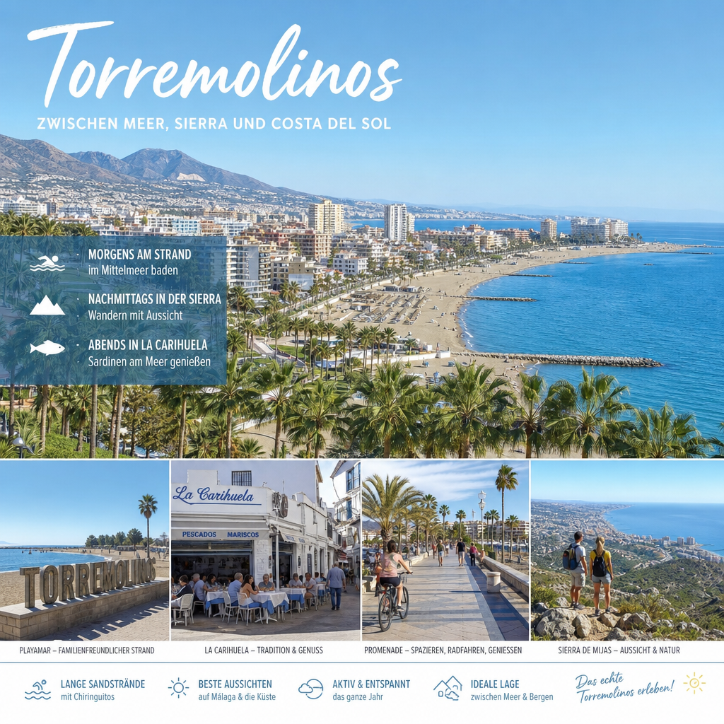Torremolinos zwischen Meer, Sierra und Costa del Sol: passendes Reisemotiv und touristischer Eindruck